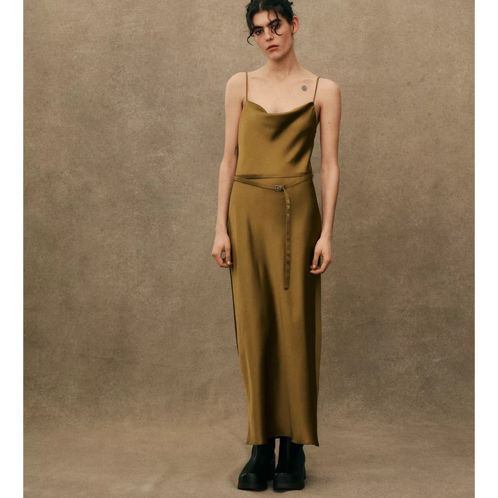 ZARA BLOGGERS FAV SATIN MIDI DRESS WITH BELT - Picture 2 of 7